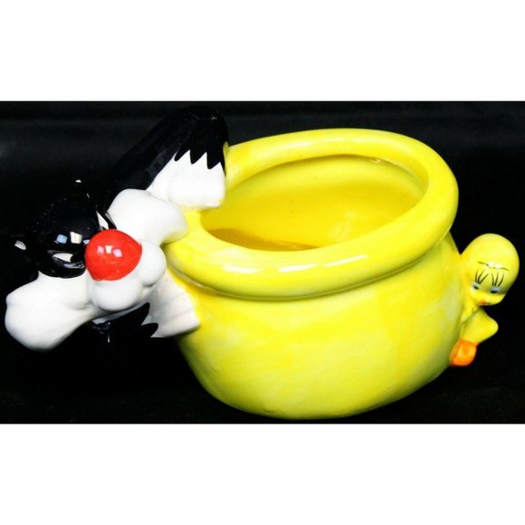 '02 Warner Bros Looney Tune Sylvester Cat Tweety Bird Flower Pot Planter Ceramic - Picture 1 of 12